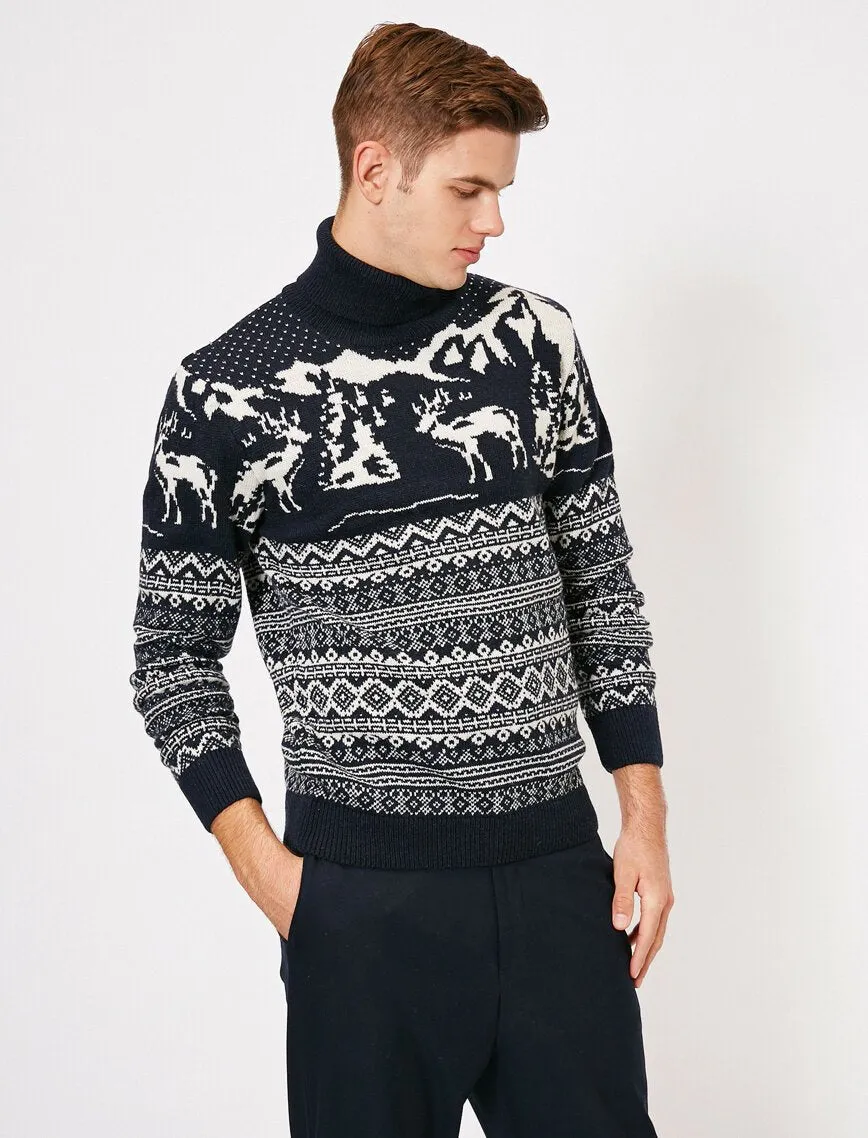 17338 Navy Deer Patterned Jumper