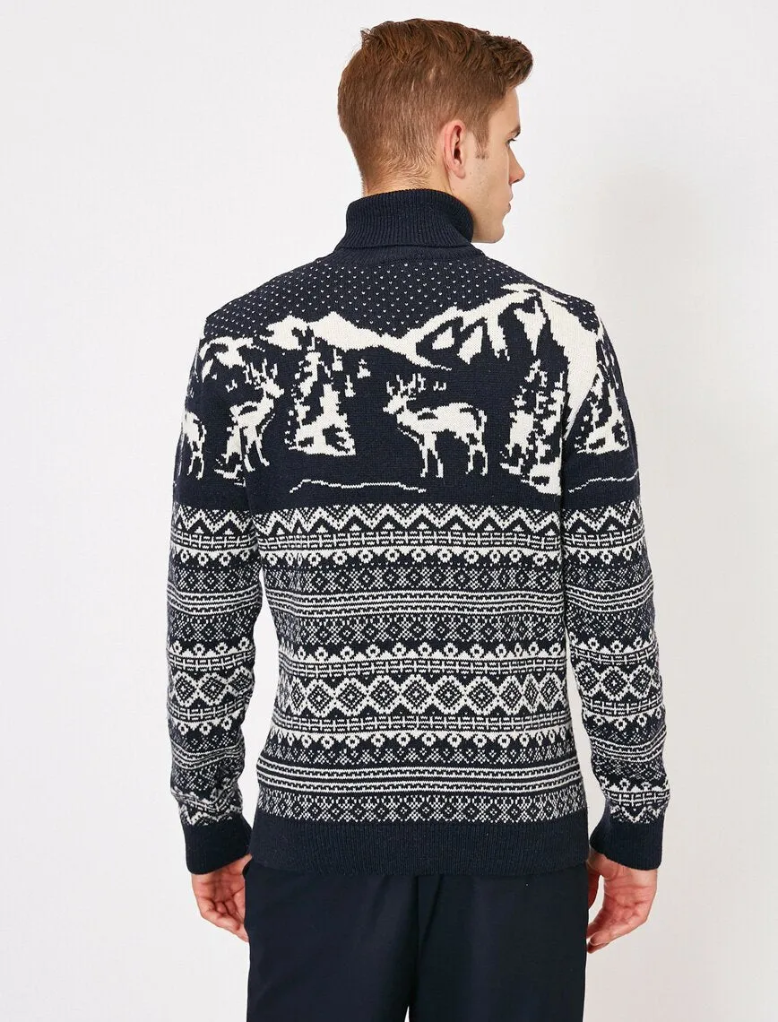 17338 Navy Deer Patterned Jumper