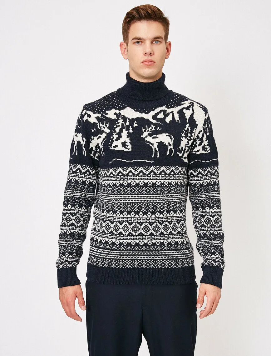 17338 Navy Deer Patterned Jumper