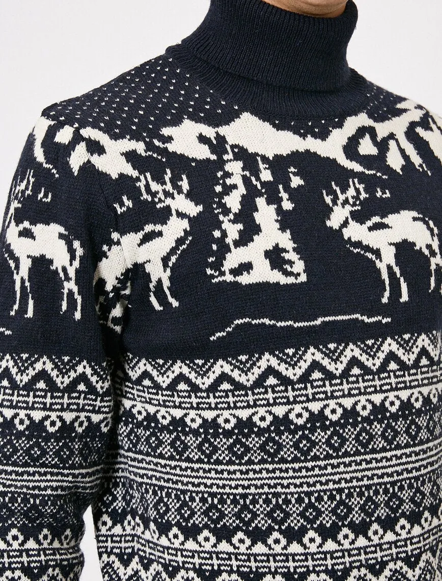 17338 Navy Deer Patterned Jumper