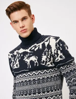 17338 Navy Deer Patterned Jumper
