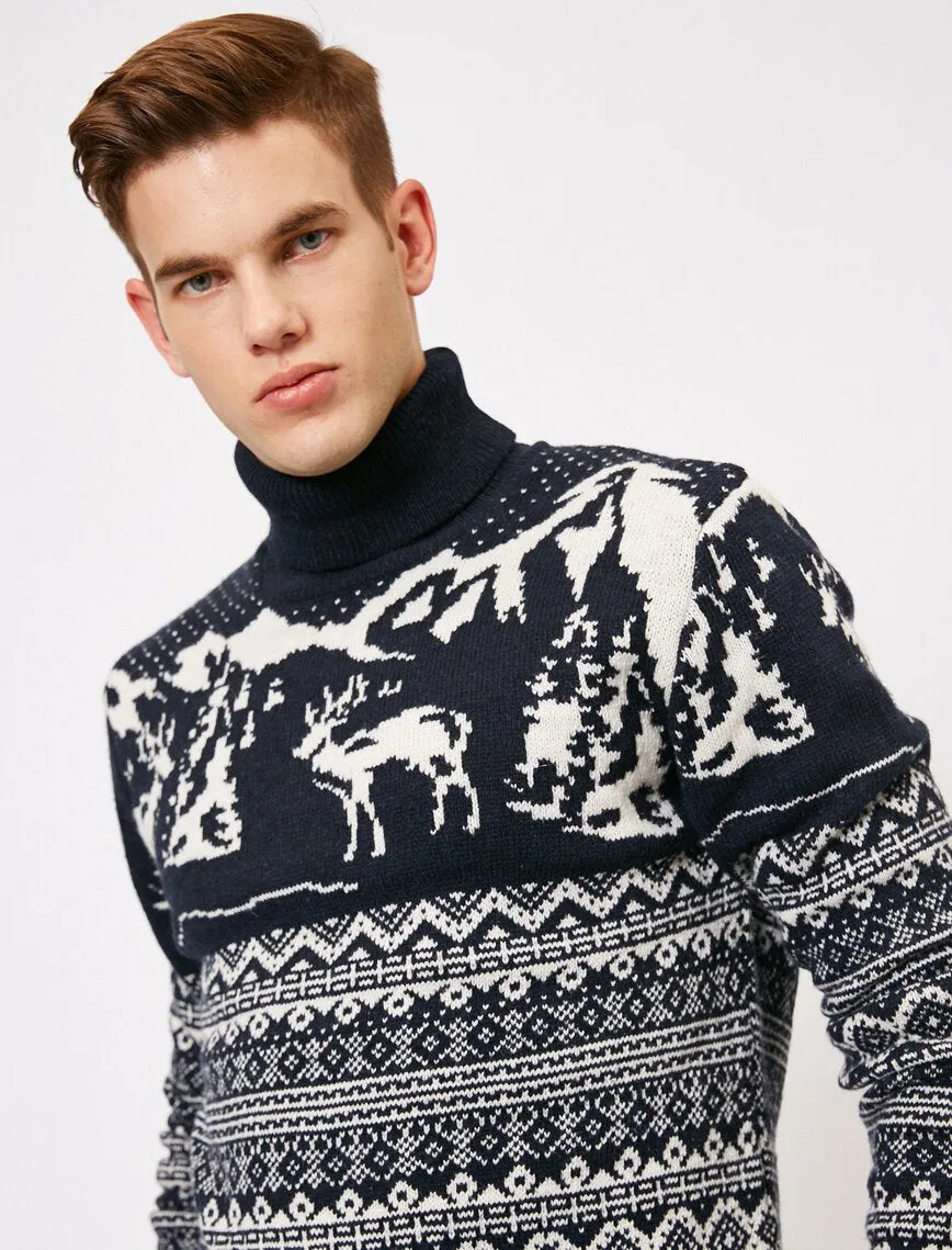 17338 Navy Deer Patterned Jumper