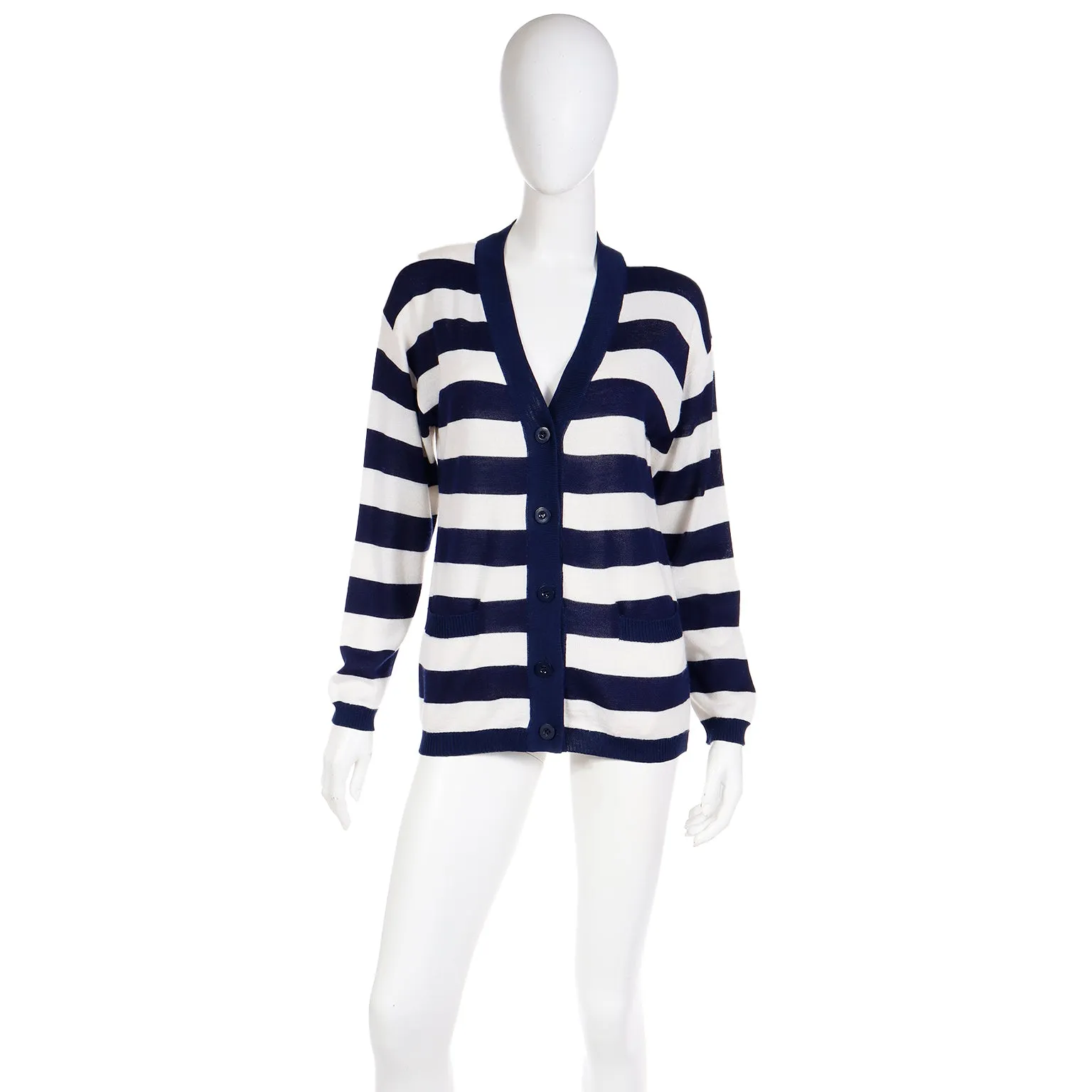 1970s Yves Saint Laurent Blue & White Striped Long Cardigan