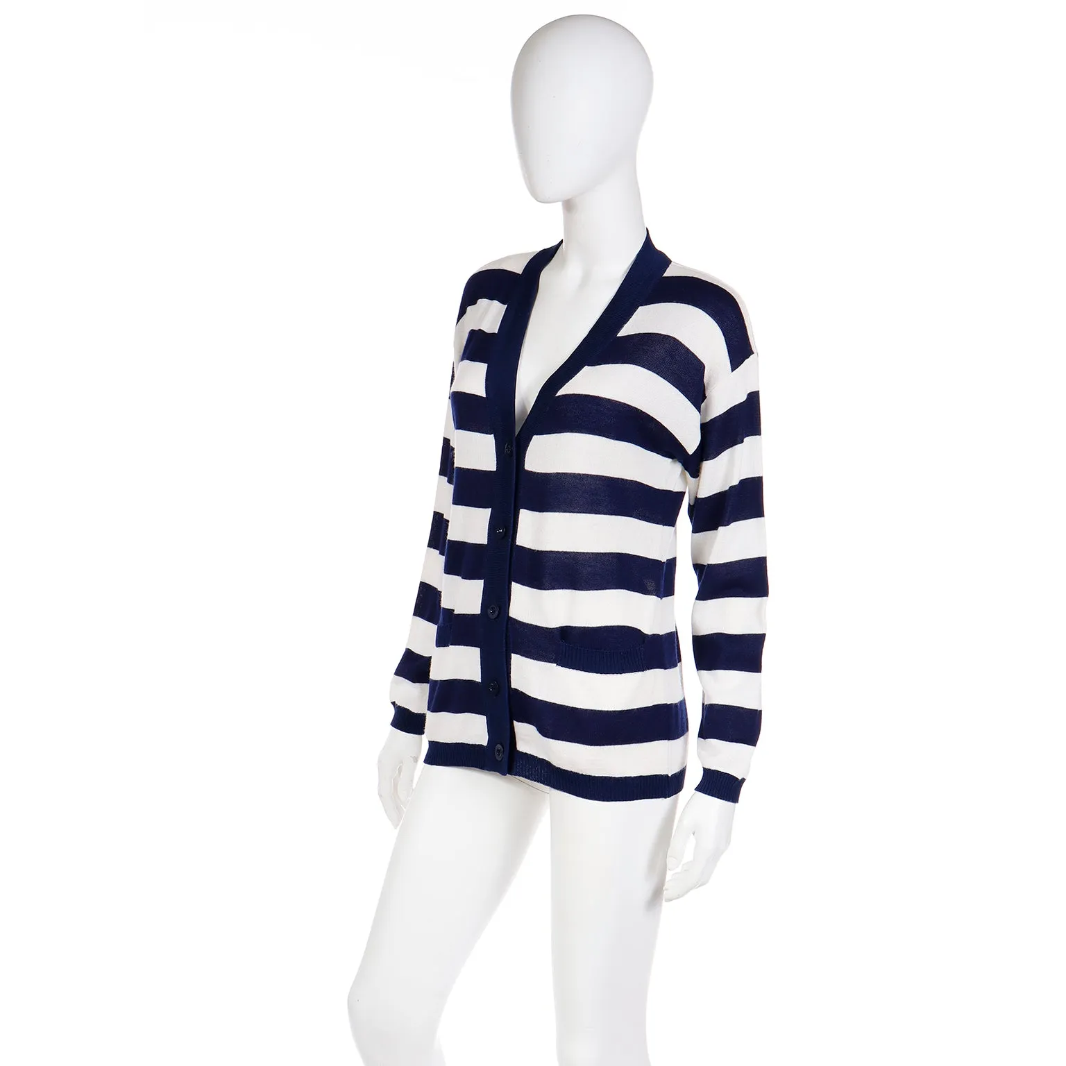 1970s Yves Saint Laurent Blue & White Striped Long Cardigan
