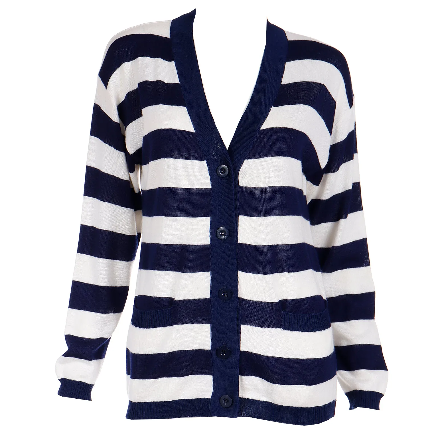 1970s Yves Saint Laurent Blue & White Striped Long Cardigan