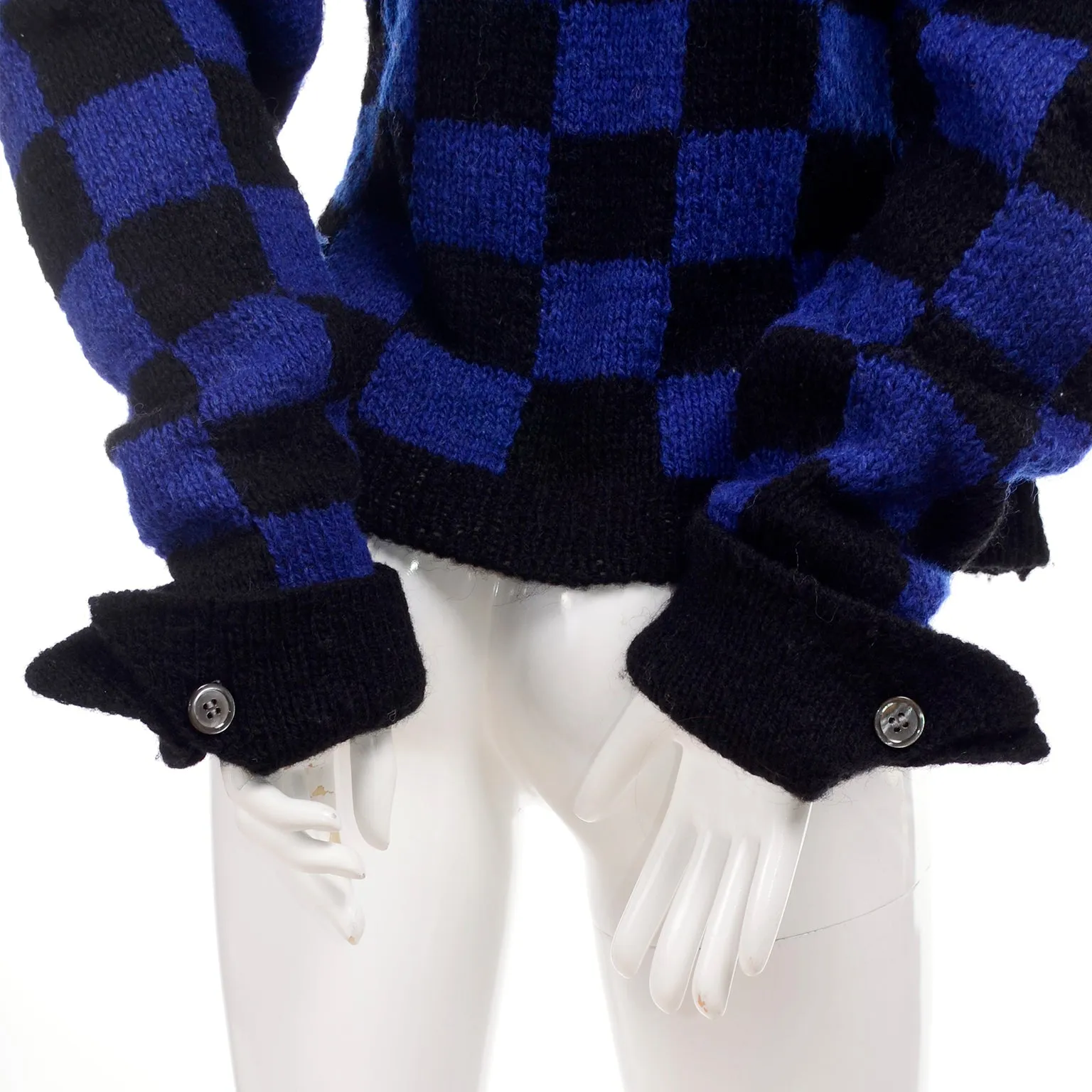 1980s Perry Ellis Blue & Black Checked Vintage Wool Sweater