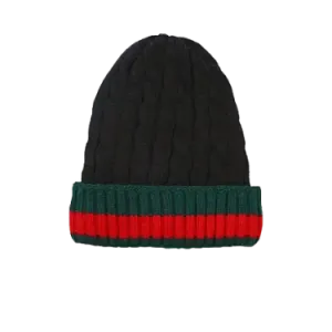 Black Men's Winter knitted hat with green and red Striped Wool Beanie
