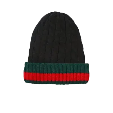 Black Men's Winter knitted hat with green and red Striped Wool Beanie
