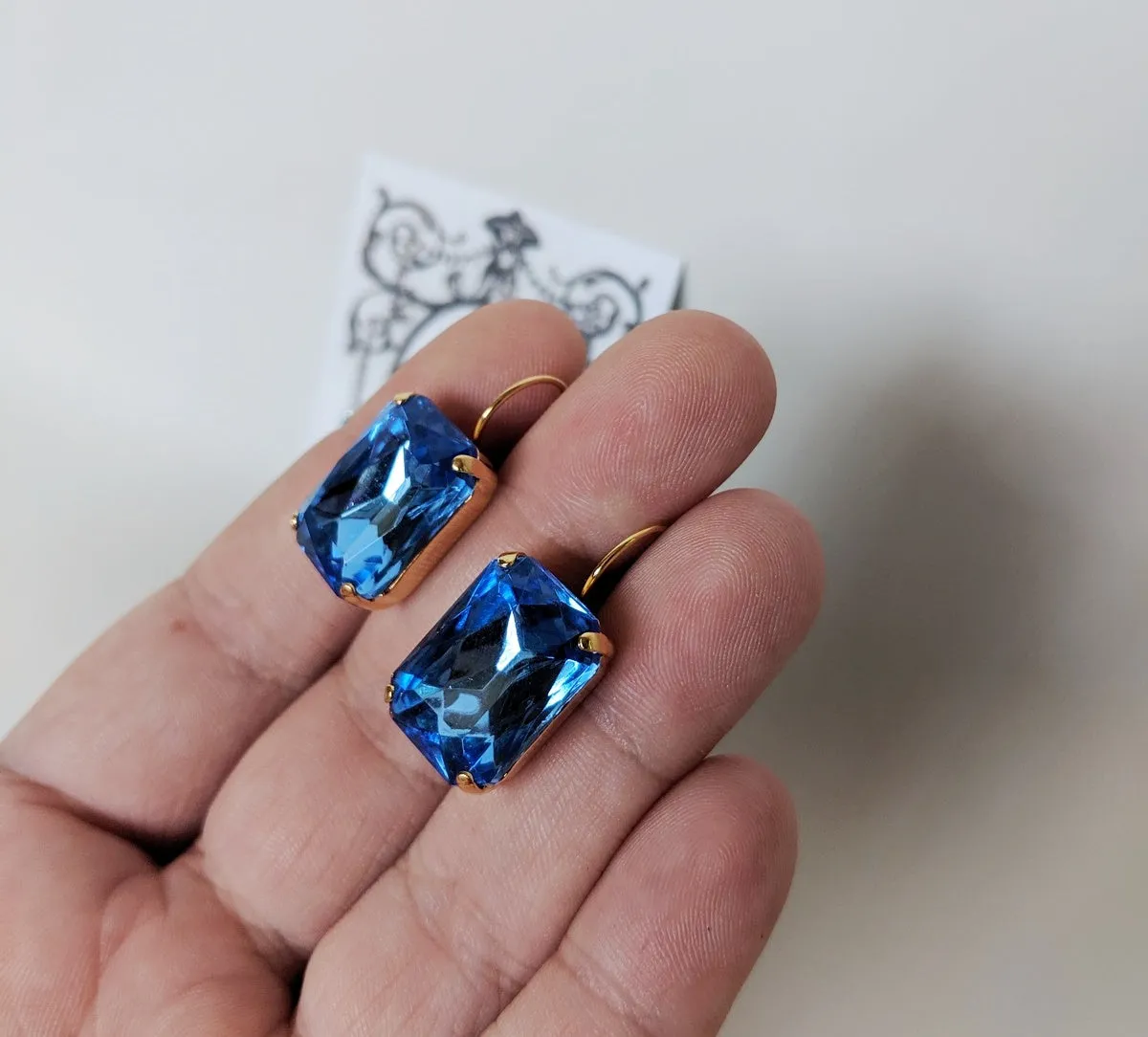 Blue Crystal Earrings - Large Octagon