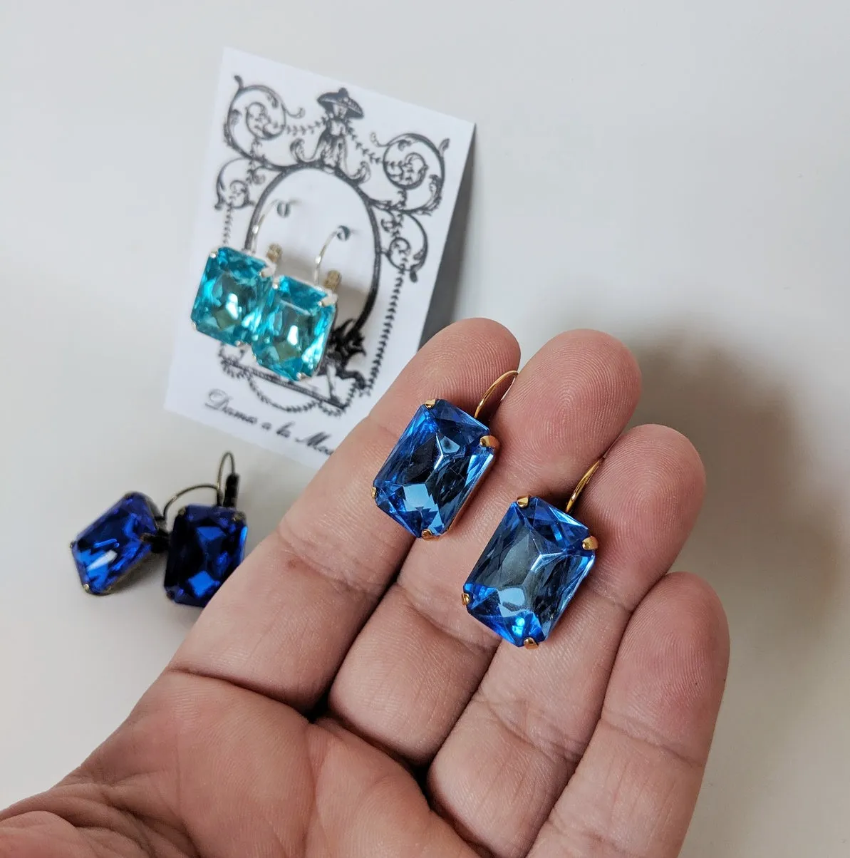 Blue Crystal Earrings - Large Octagon