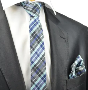 Blue Plaid Skinny Necktie and Pocket Square Set
