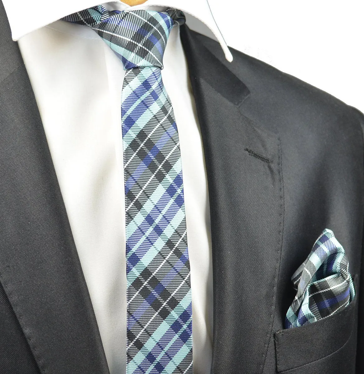Blue Plaid Skinny Necktie and Pocket Square Set