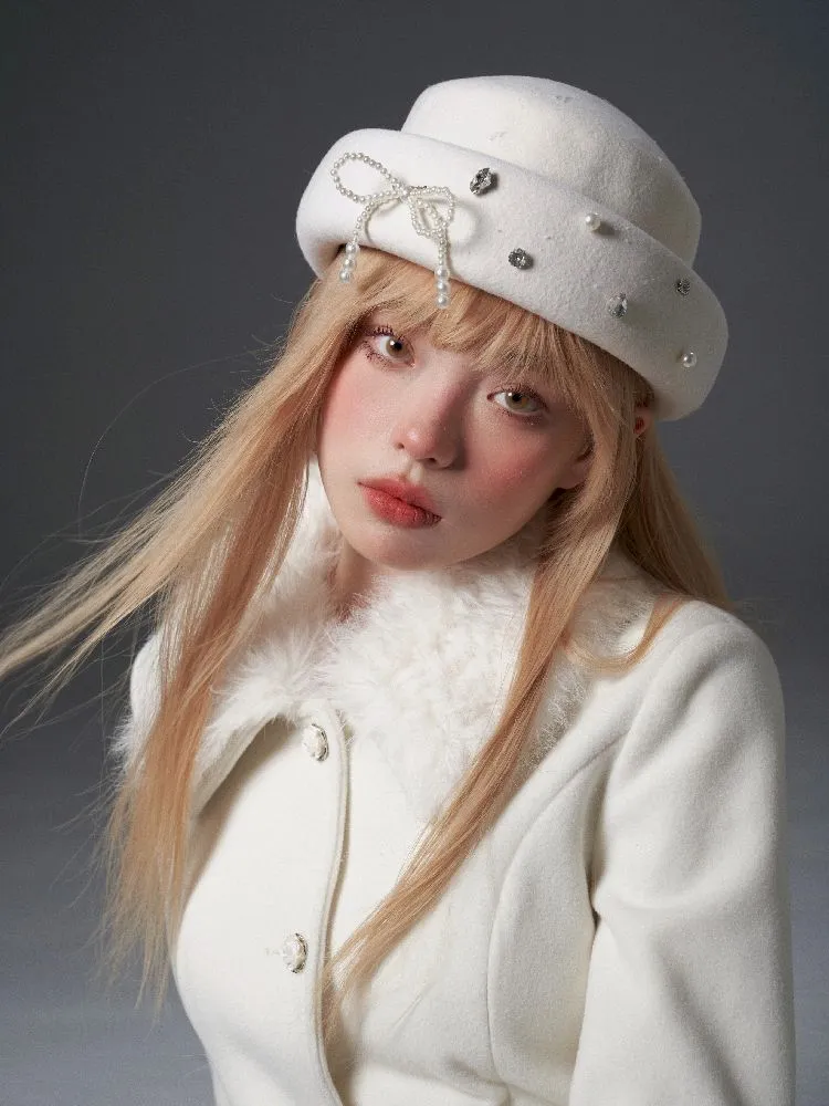 Bow tie pearl Wool Tweed Hat【s0000005329】