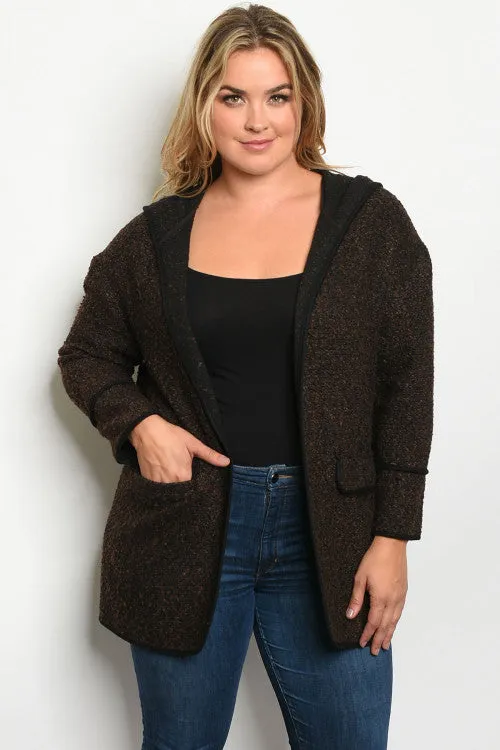 Brown Plus Size Hooded Cardigan Jacket
