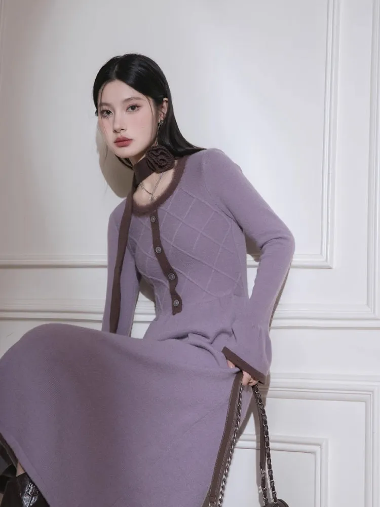 Brown U-Neck Diamond Wool Dress【s0000005812】