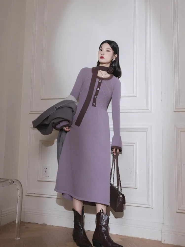 Brown U-Neck Diamond Wool Dress【s0000005812】