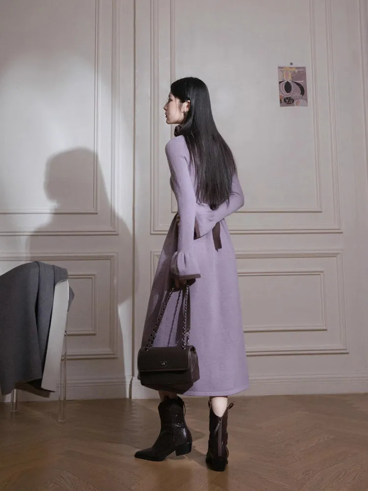 Brown U-Neck Diamond Wool Dress【s0000005812】