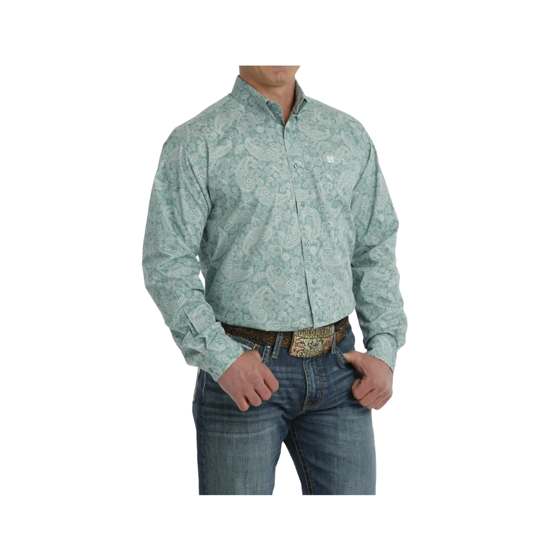 Cinch Men's Paisley Print Button Down Long Sleeve Western Turquoise White Shirt