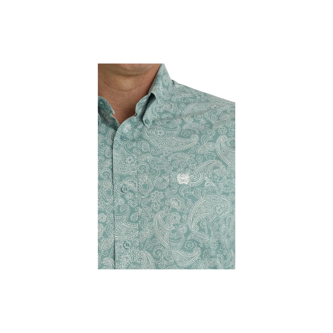 Cinch Men's Paisley Print Button Down Long Sleeve Western Turquoise White Shirt