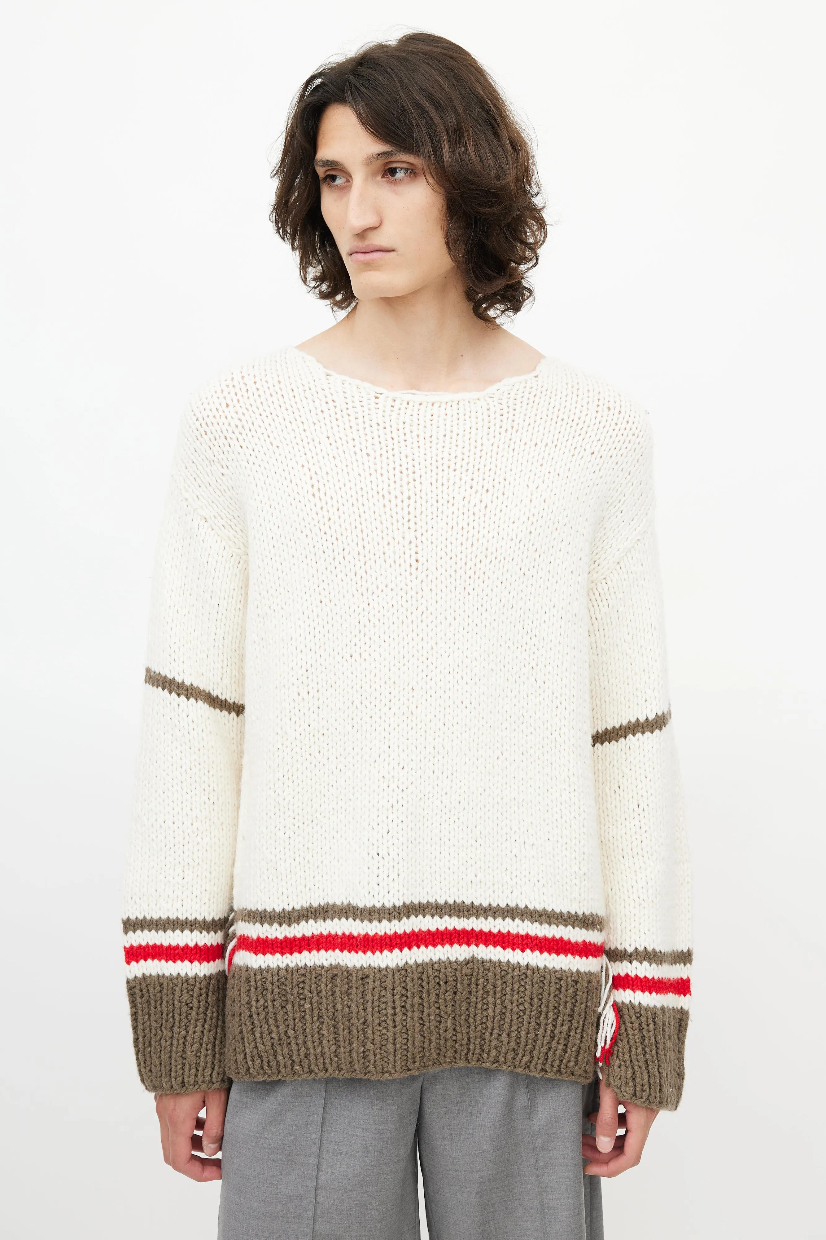 Cream & Grey Striped Wool Fringe Sweater
