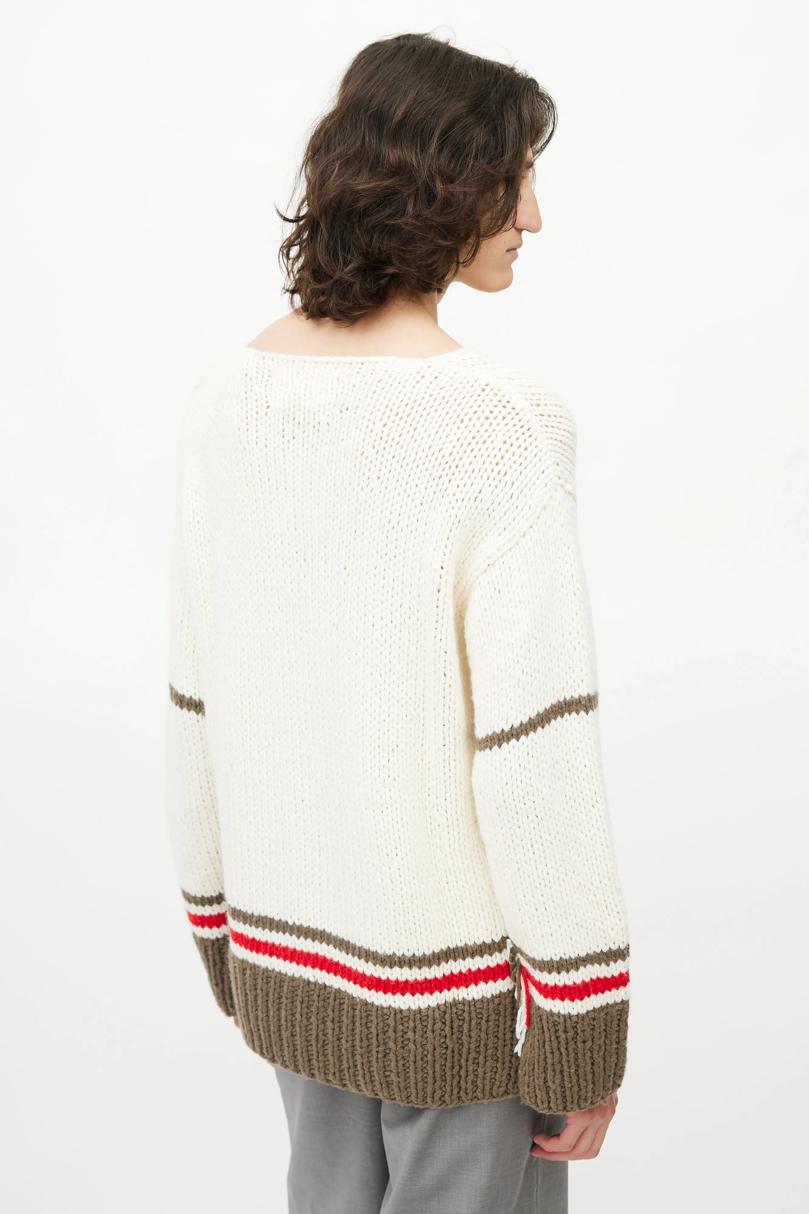 Cream & Grey Striped Wool Fringe Sweater
