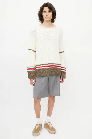 Cream & Grey Striped Wool Fringe Sweater