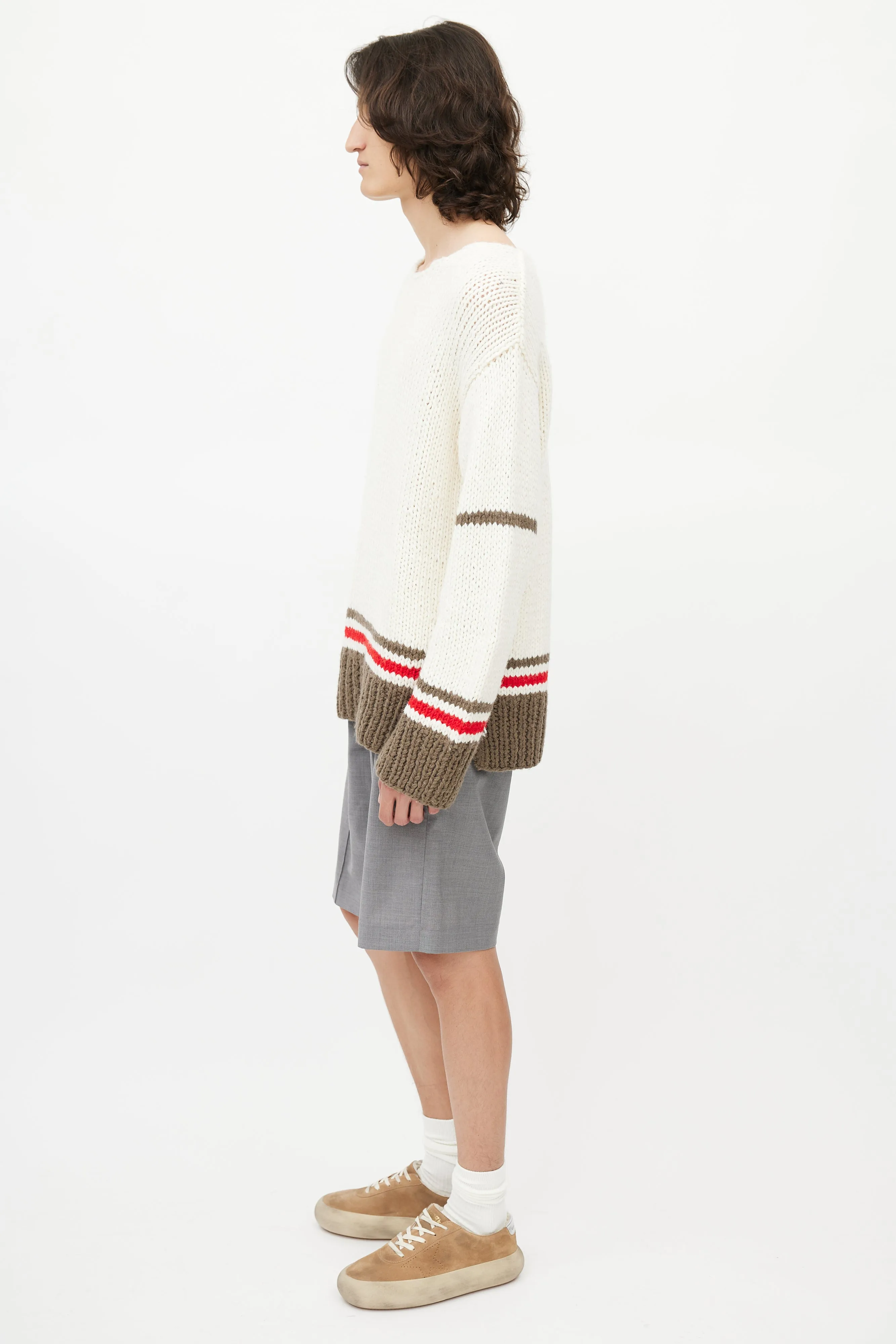 Cream & Grey Striped Wool Fringe Sweater