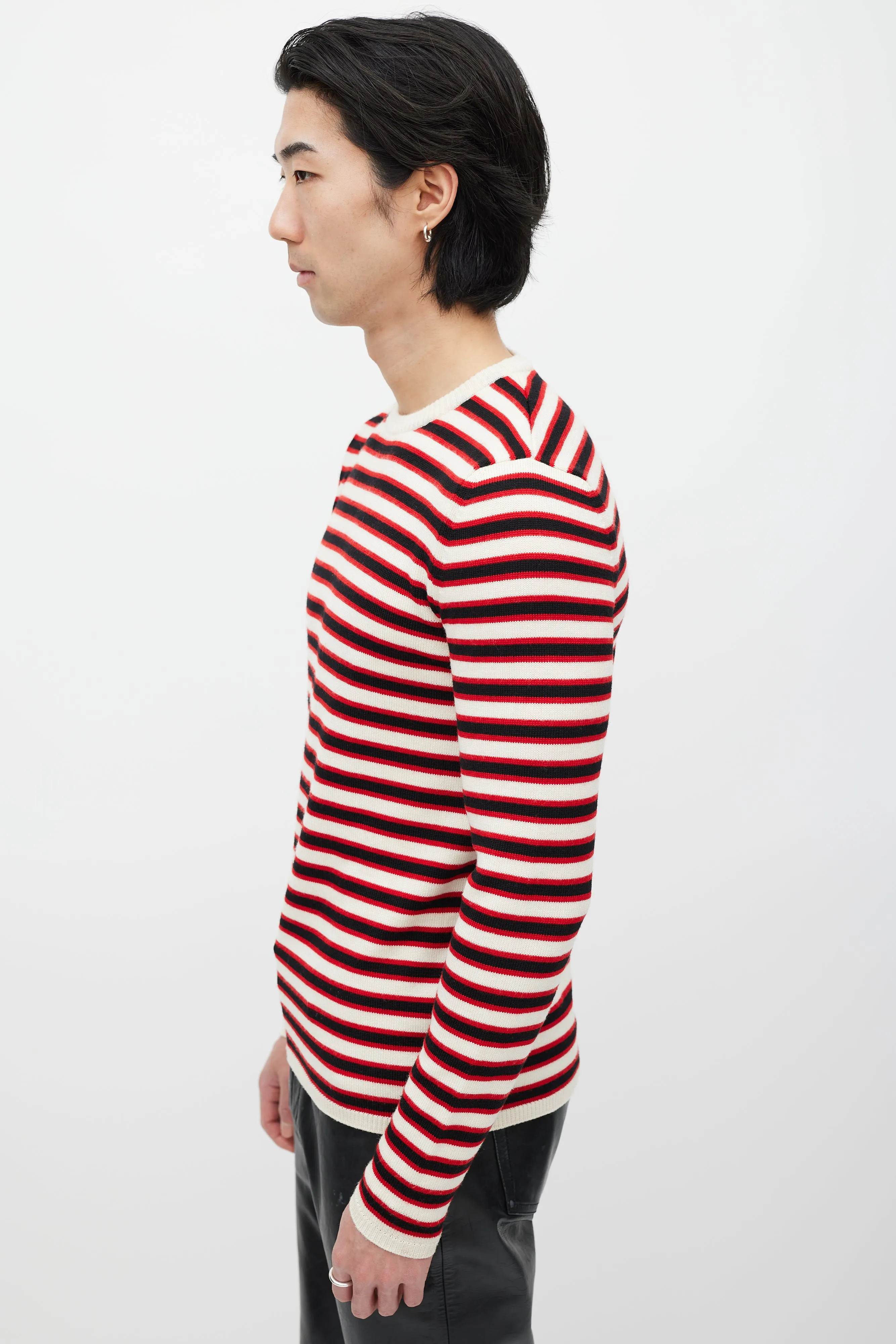 Cream & Red Wool Knit Striped Sweater