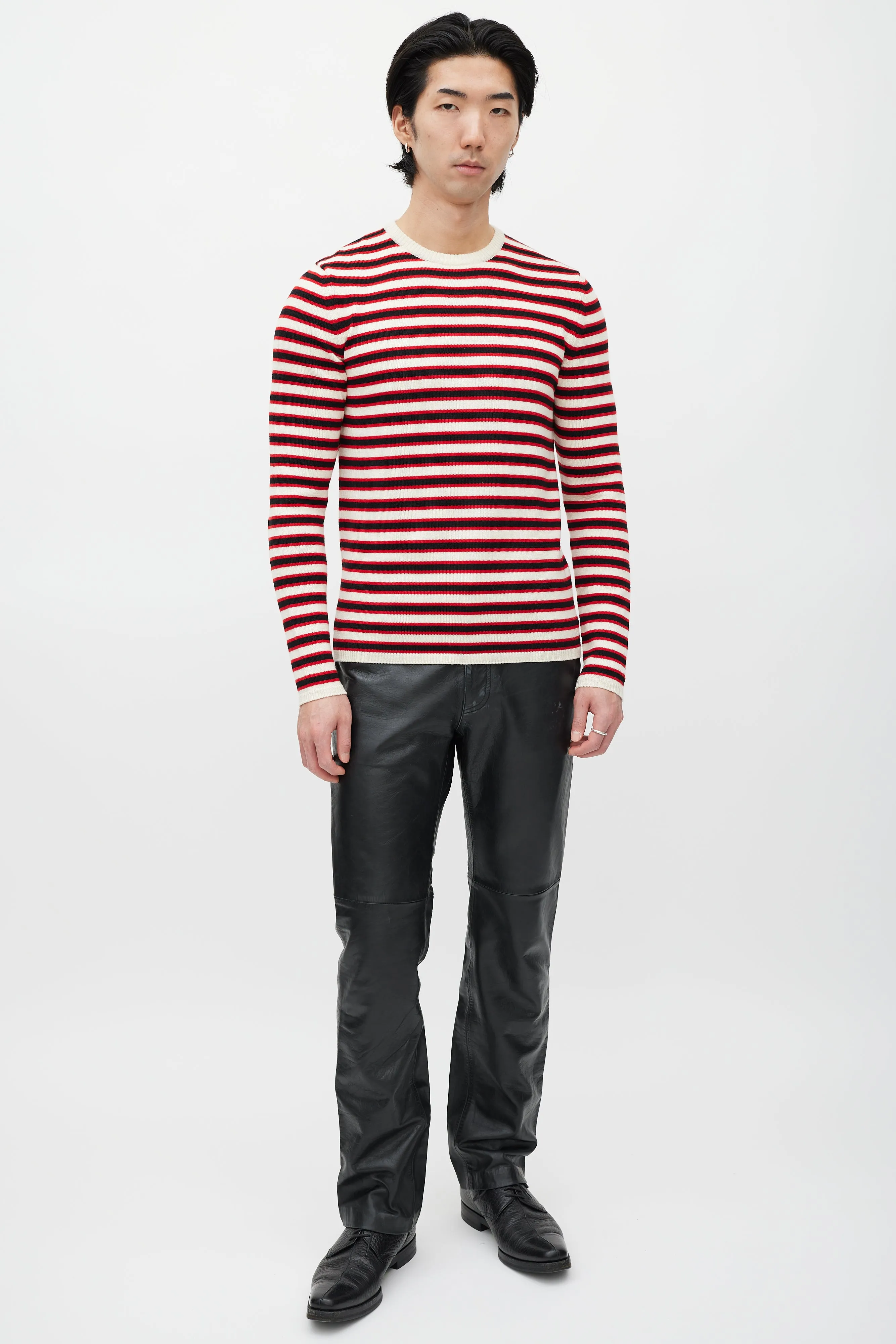 Cream & Red Wool Knit Striped Sweater