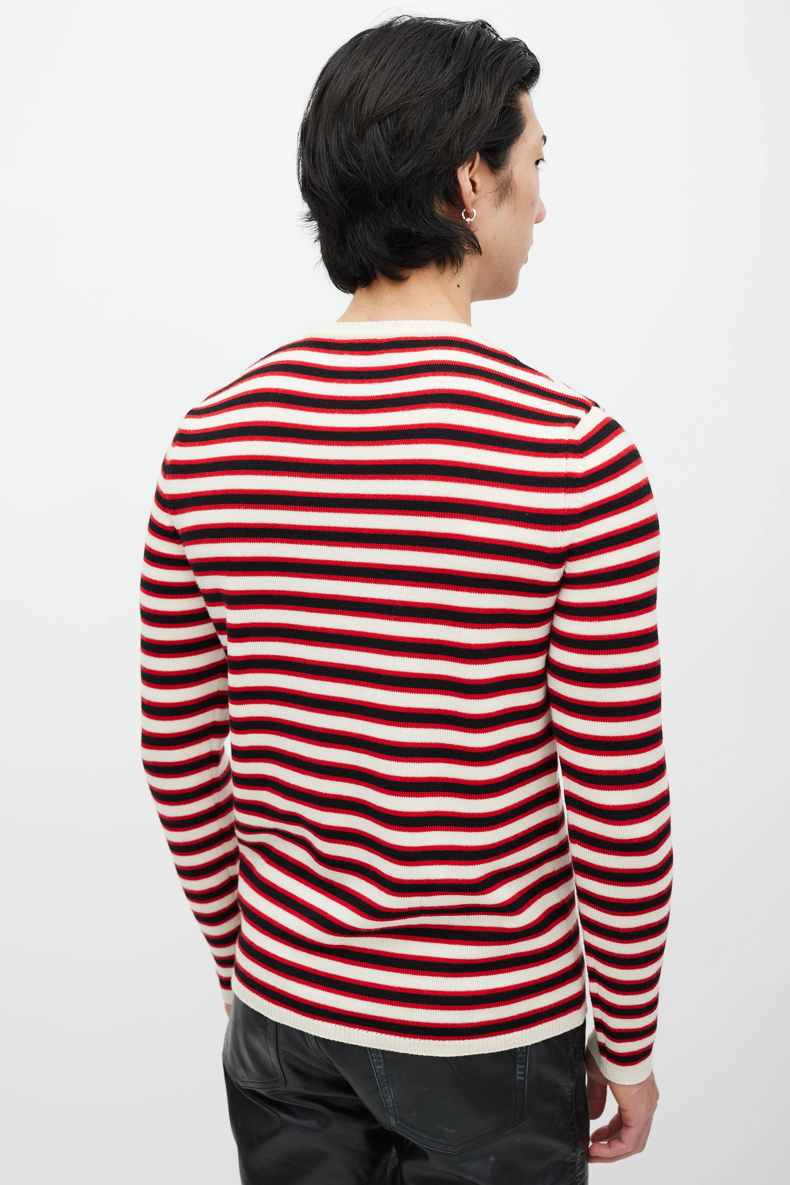 Cream & Red Wool Knit Striped Sweater