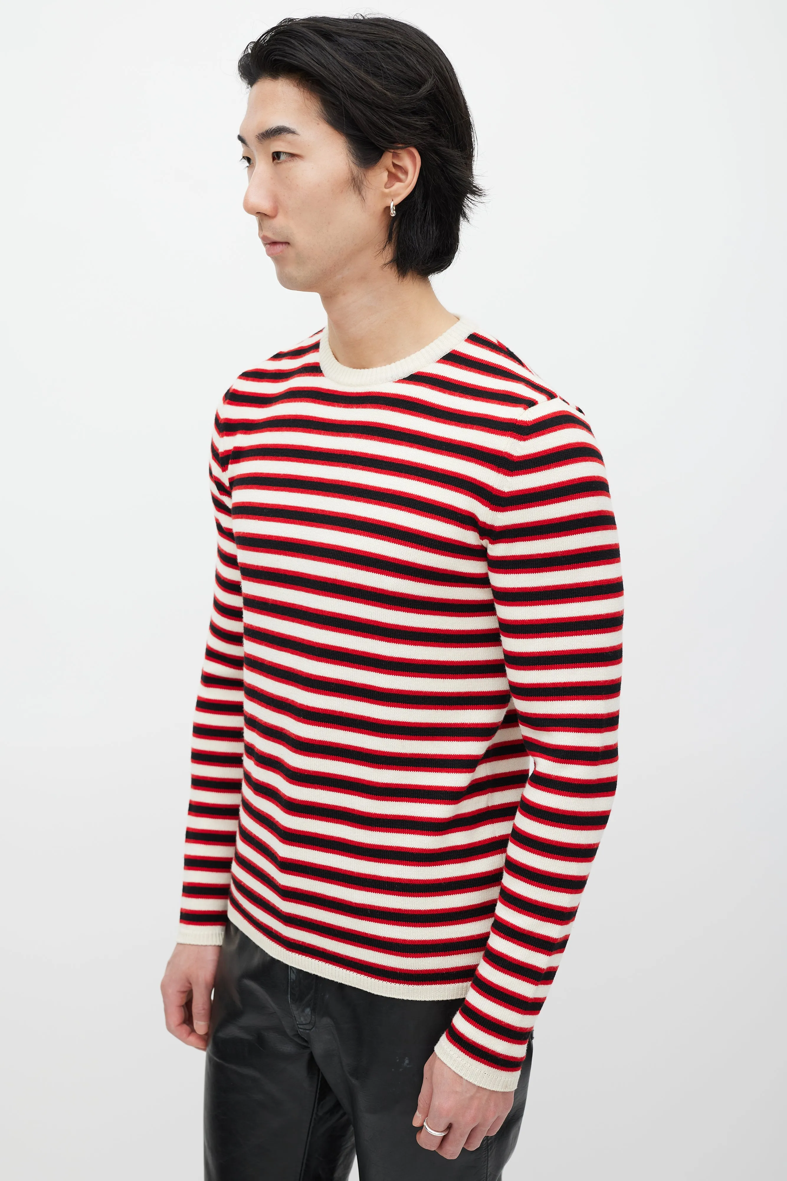 Cream & Red Wool Knit Striped Sweater