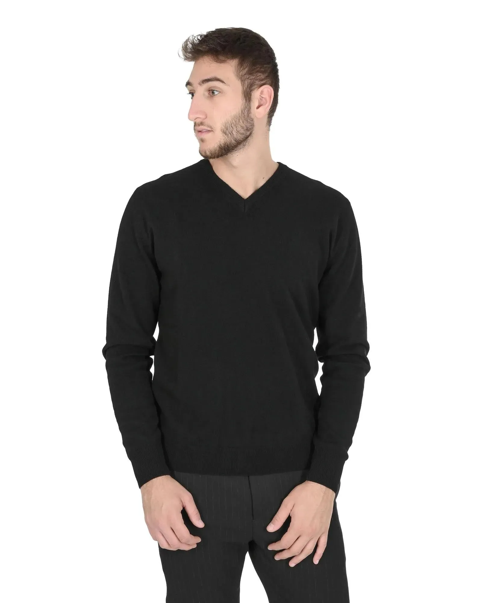 Crown of Edinburgh Cashmere Men's Refined Cashmere V-Neck Sweater in Black - 2XL