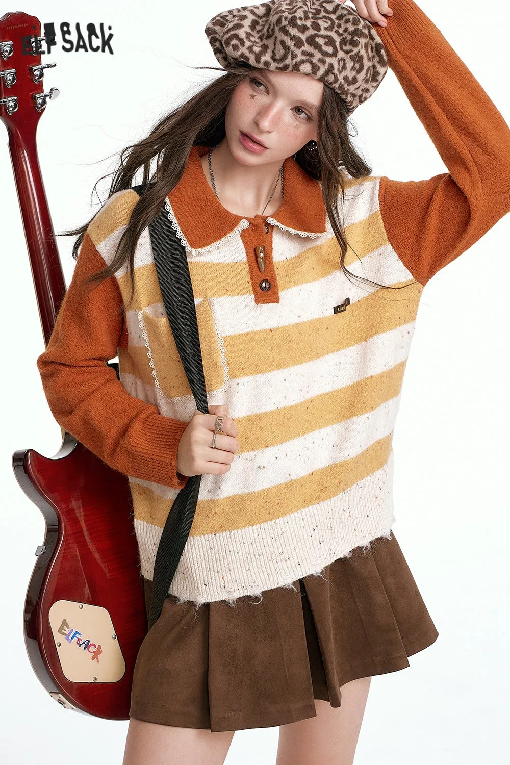 ELFSACK 2024 Autumn New Arrivals Loose and sweet contrast color striped lapel sweater for women