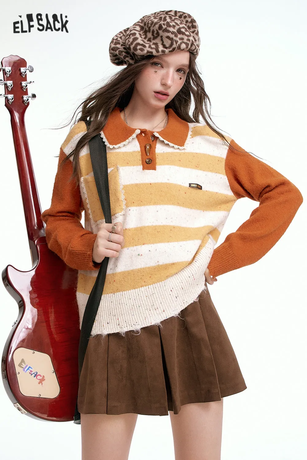 ELFSACK 2024 Autumn New Arrivals Loose and sweet contrast color striped lapel sweater for women