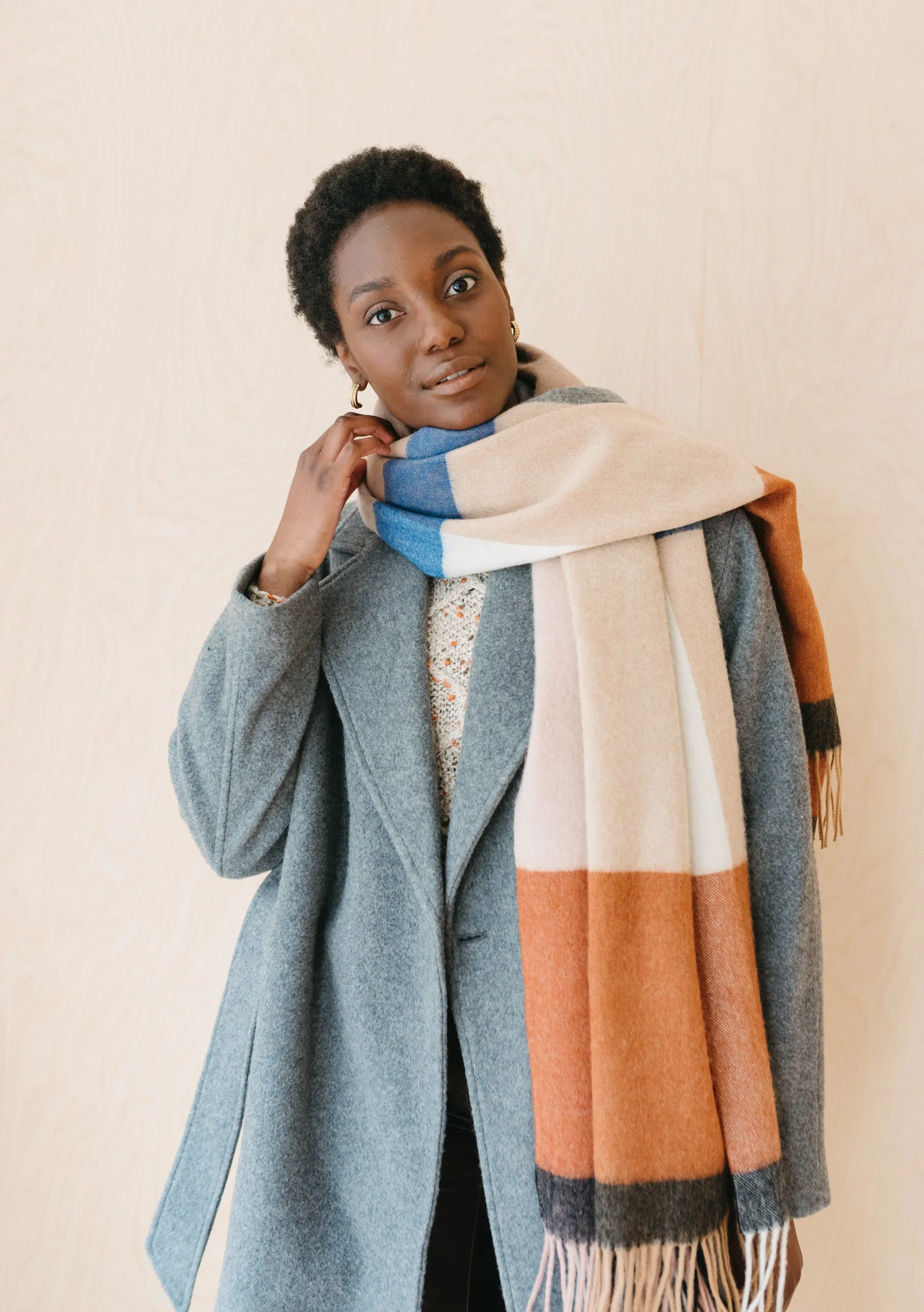 Lambswool Blanket Scarf in Camel Modern Check