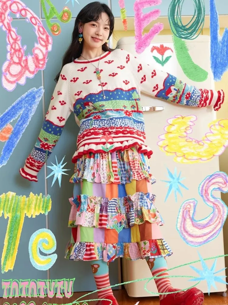 Landscape Cute Ruffle Stripe Wool Knit Pullover Sweater【s0000004511】
