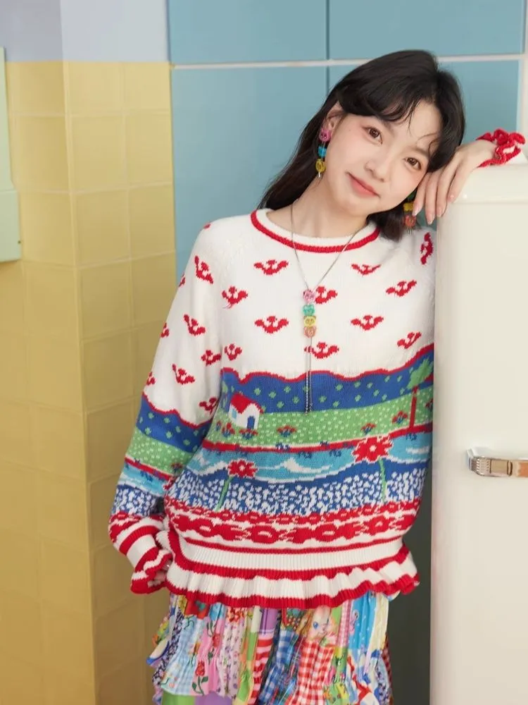 Landscape Cute Ruffle Stripe Wool Knit Pullover Sweater【s0000004511】