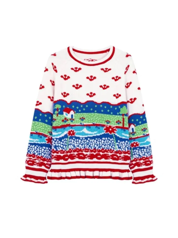 Landscape Cute Ruffle Stripe Wool Knit Pullover Sweater【s0000004511】