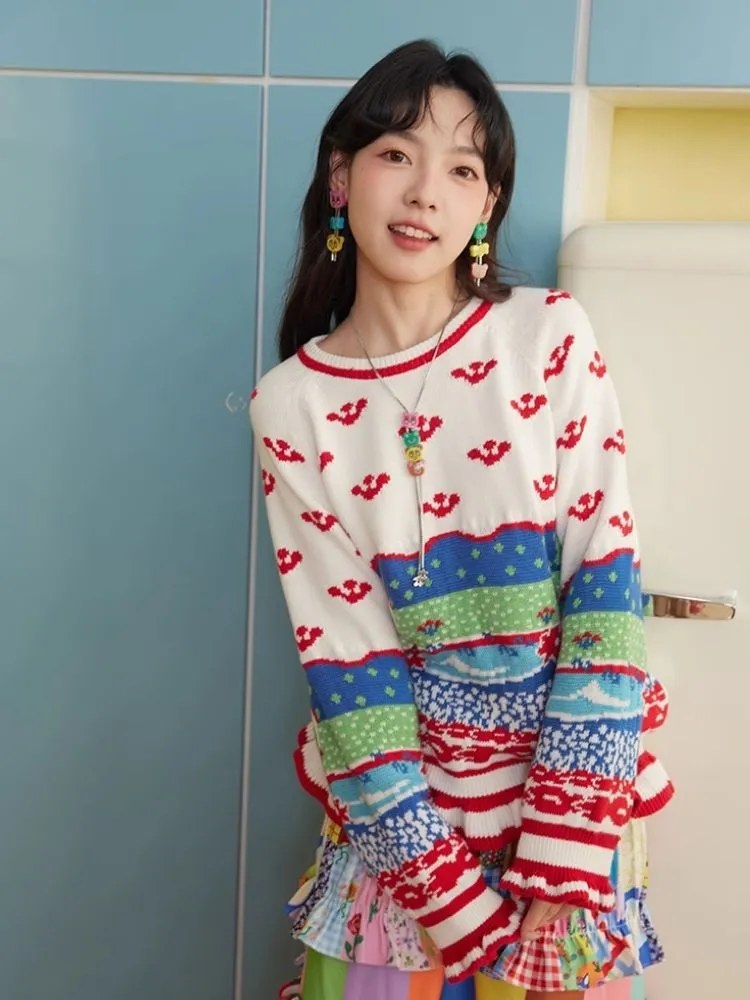 Landscape Cute Ruffle Stripe Wool Knit Pullover Sweater【s0000004511】