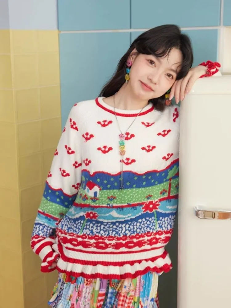 Landscape Cute Ruffle Stripe Wool Knit Pullover Sweater【s0000004511】