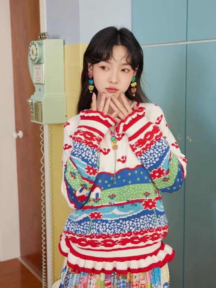 Landscape Cute Ruffle Stripe Wool Knit Pullover Sweater【s0000004511】