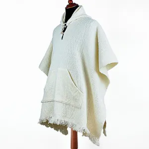 Llama Wool Unisex Handwoven Hooded Poncho - wavy striped white pattern - pocket