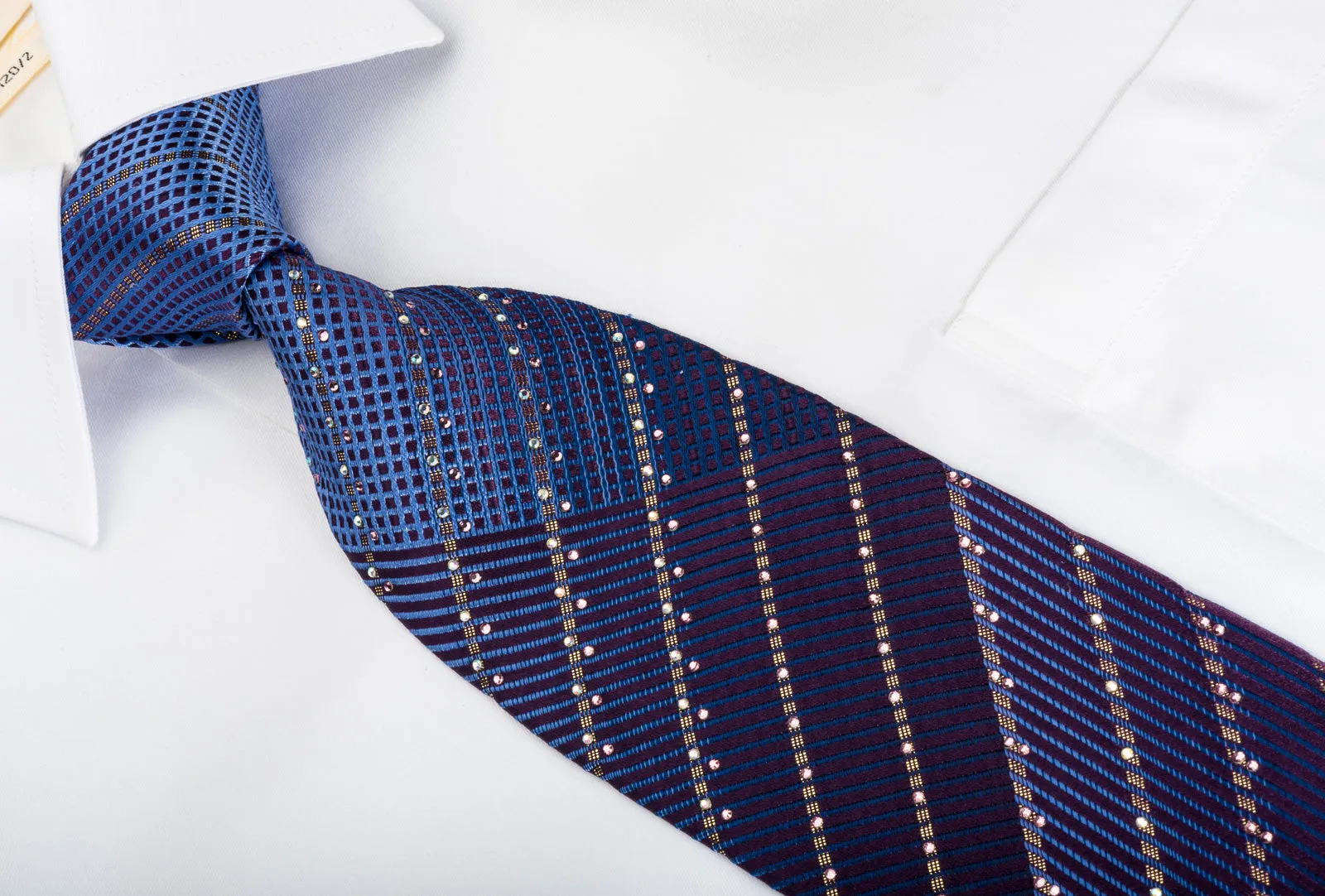 Louis Quatorze Rhinestone Silk Tie Sparkling Golden Striped On Blue Purple