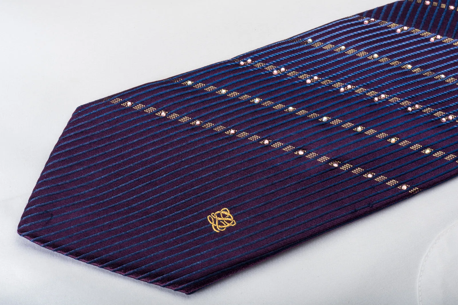 Louis Quatorze Rhinestone Silk Tie Sparkling Golden Striped On Blue Purple