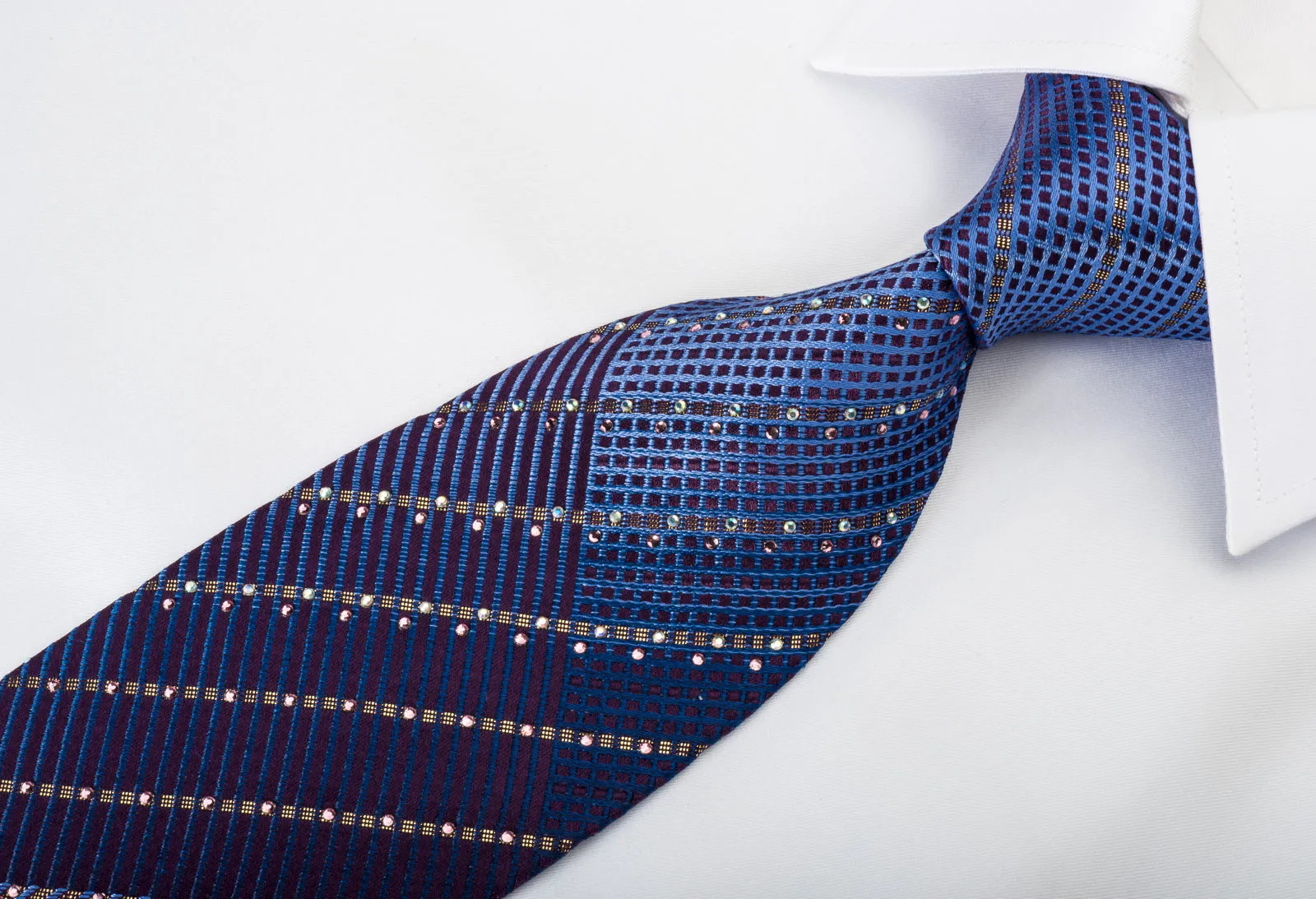 Louis Quatorze Rhinestone Silk Tie Sparkling Golden Striped On Blue Purple
