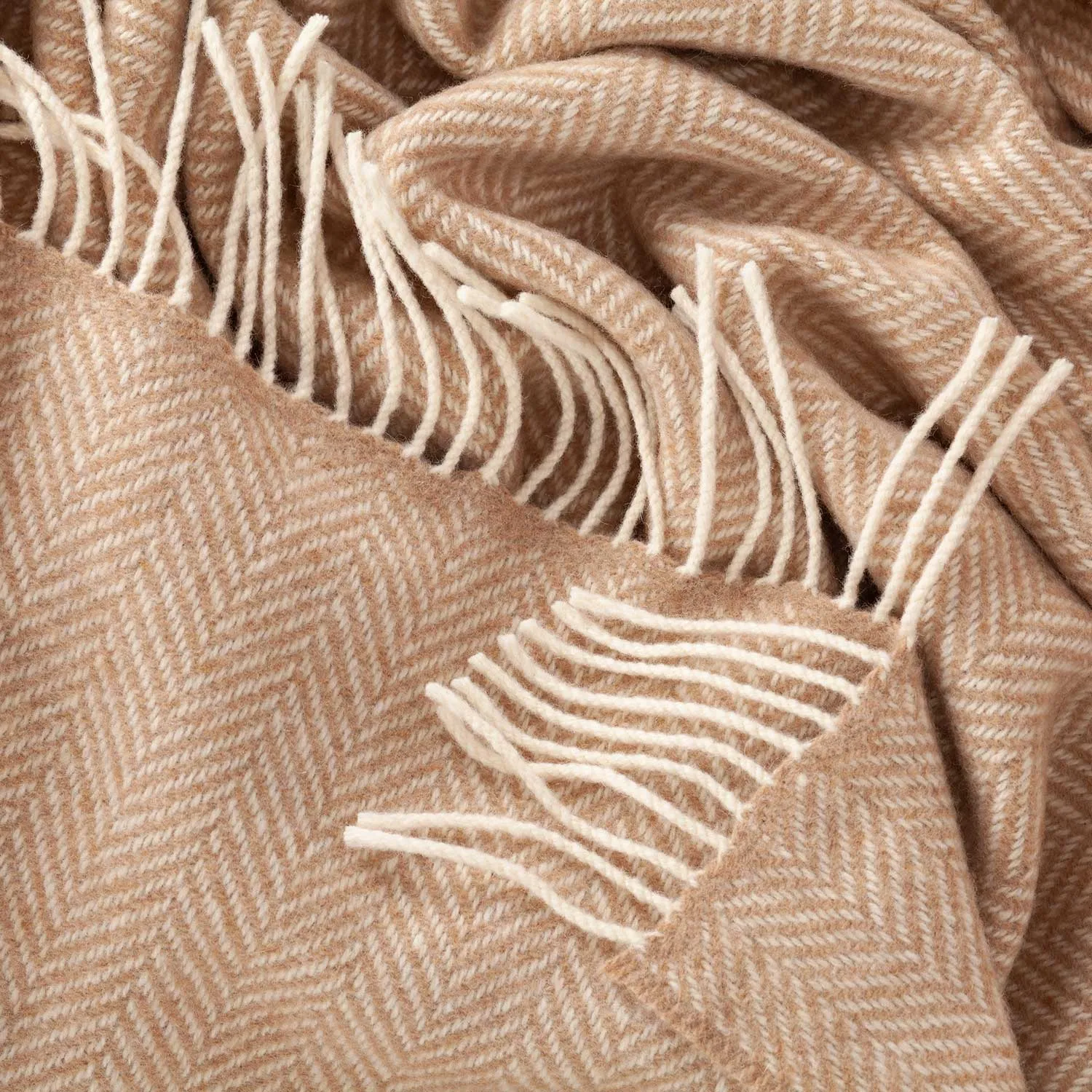 Merino Cashmere Blend Throw Beige Herringbone
