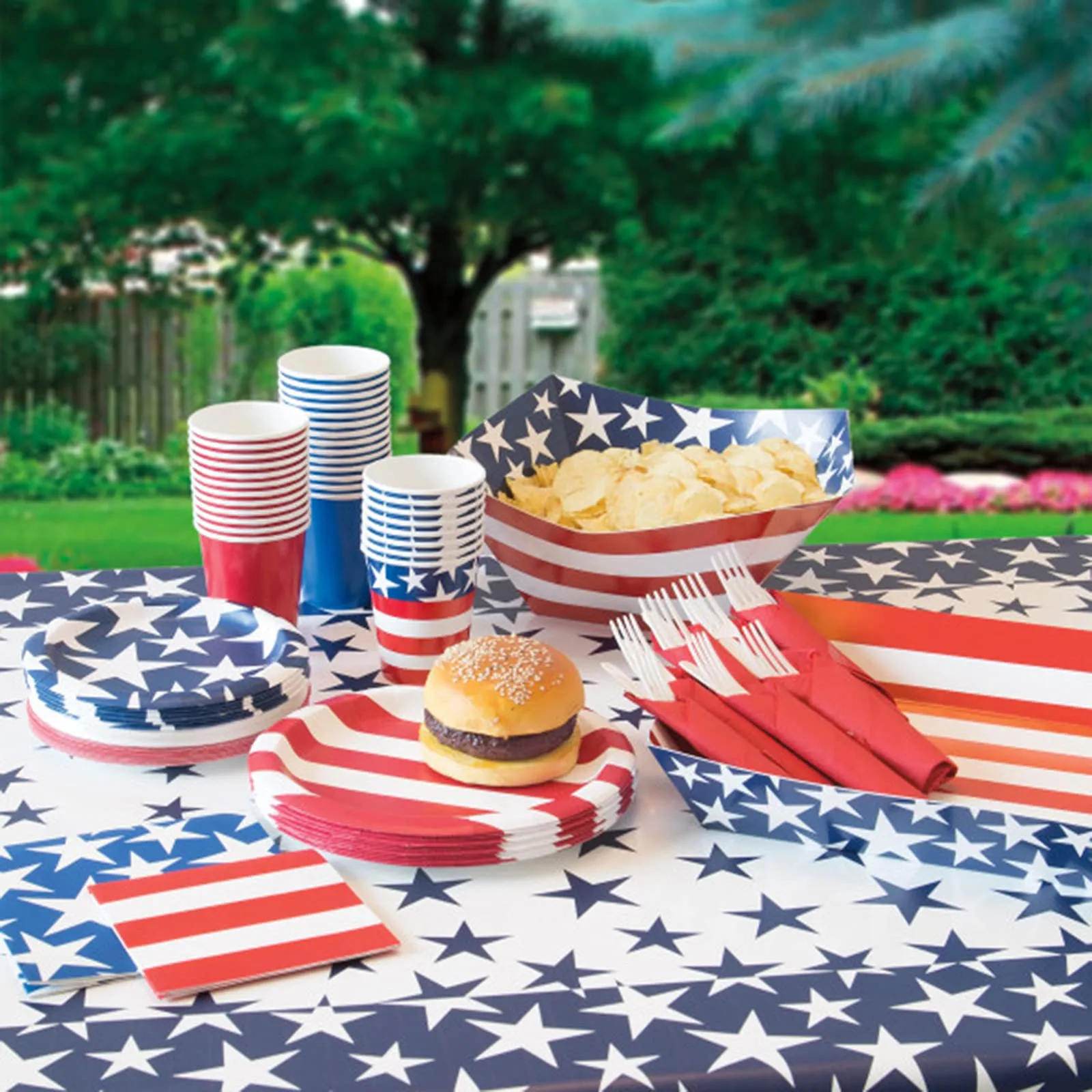 Patriotic Party American Stars & Stripes Paper Dessert Plates, Beverage Napkins, Cups, and Table Cover Set (Serves 16)