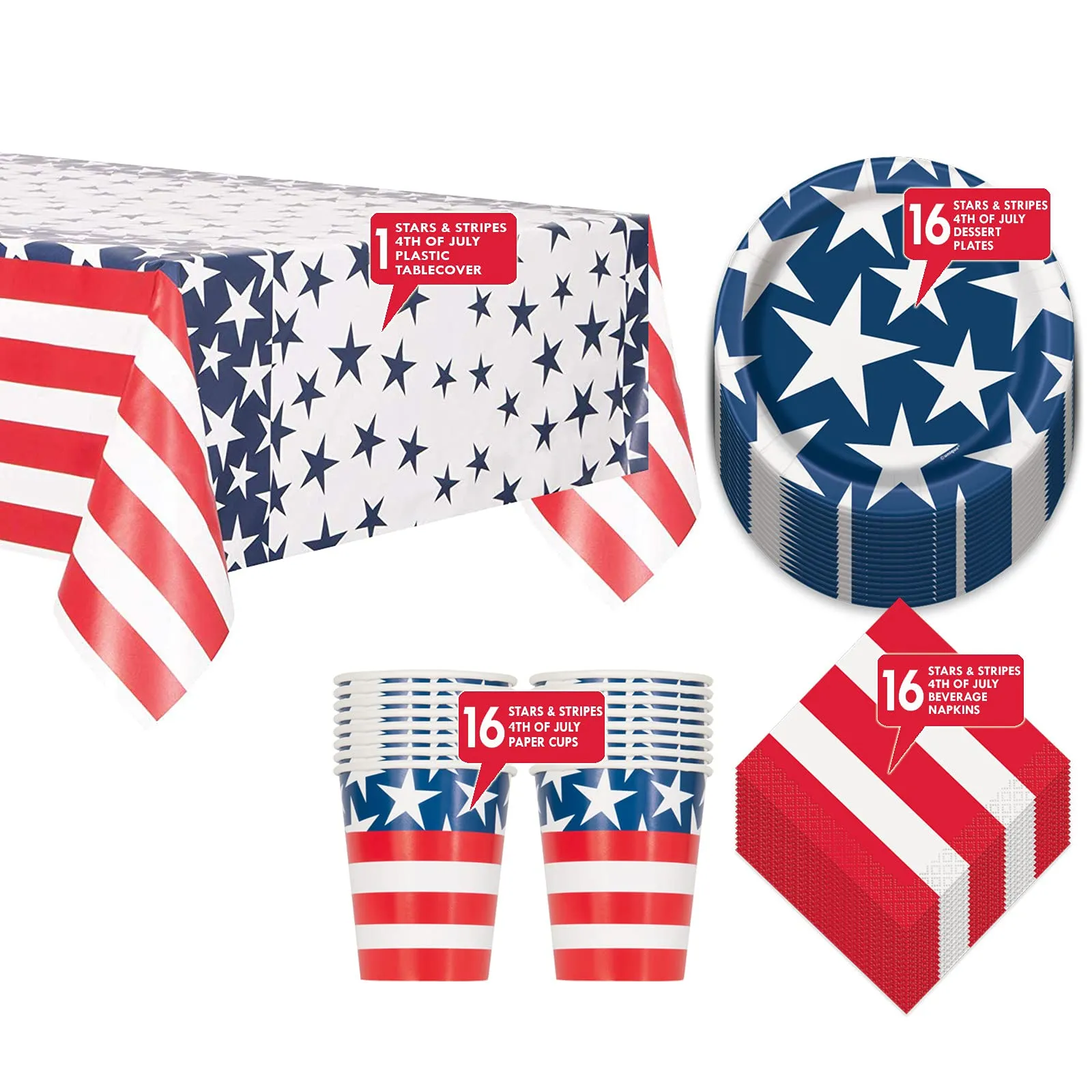 Patriotic Party American Stars & Stripes Paper Dessert Plates, Beverage Napkins, Cups, and Table Cover Set (Serves 16)