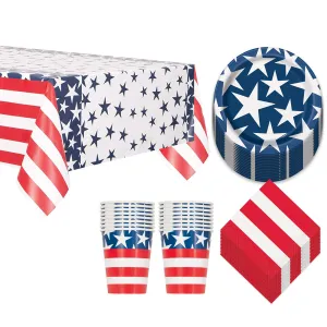Patriotic Party American Stars & Stripes Paper Dessert Plates, Beverage Napkins, Cups, and Table Cover Set (Serves 16)