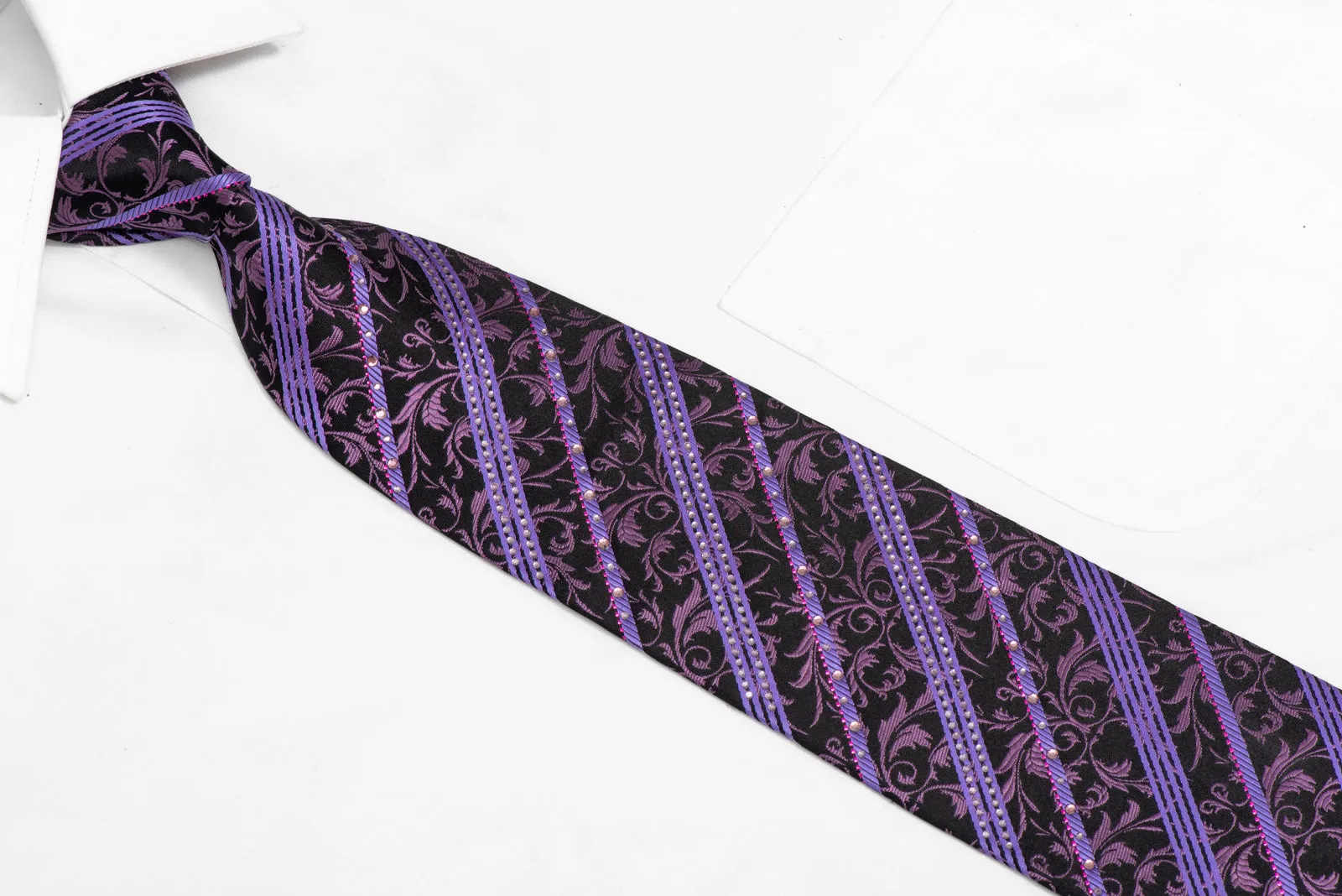 Purple Striped & Cartouche On Black Rhinestone Necktie With Sparkles